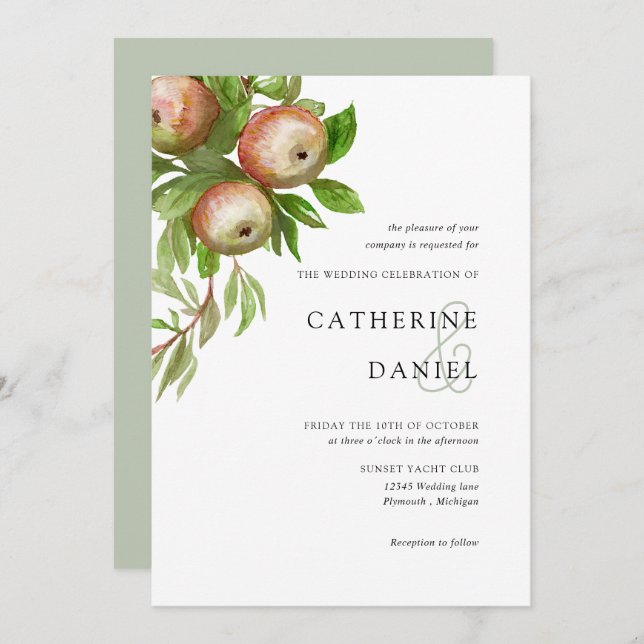 red watercolor apples wedding invitation (Front/Back)