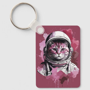 Red Watercolor Astronaut Cat Keychain