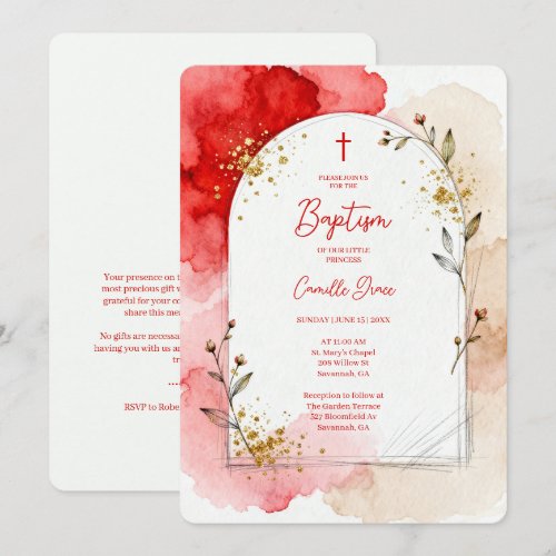 Red Watercolor Baptism Arch Gold Glitter LPM26 Invitation