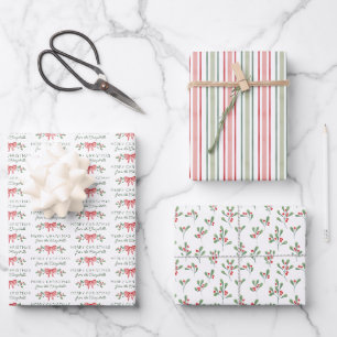 Red Watercolor Berries Bow Merry Christmas Wrapping Paper Sheets
