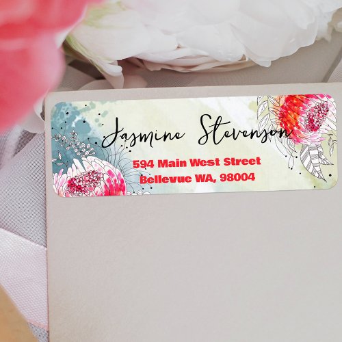 Red Watercolor Black Ink Florals Return Address Label