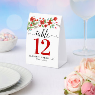 Red Watercolor Blossoms Boho Wedding Table Number Paper Table Tent