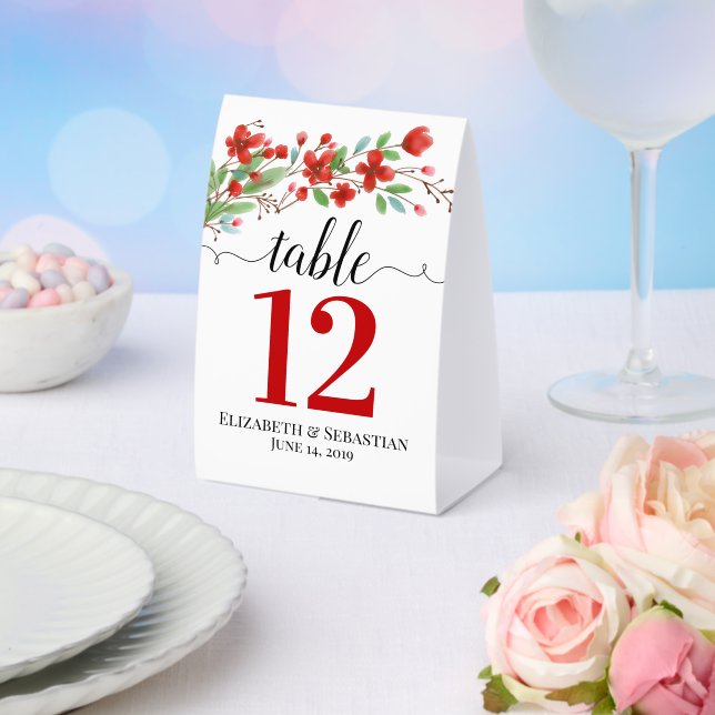 Red Watercolor Blossoms Boho Wedding Table Number Paper Table Tent (Insitu(Wedding))