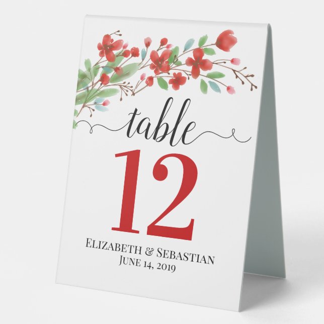 Red Watercolor Blossoms Boho Wedding Table Number Table Tent (Front)