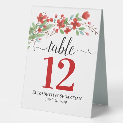 Red Watercolor Blossoms Boho Wedding Table Number Table Tent Sign