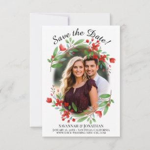 Red Watercolor Blossoms & Greenery Wedding Save The Date