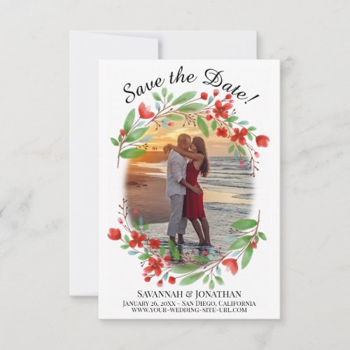 Red Watercolor Blossoms  Greenery Wedding Save The Date