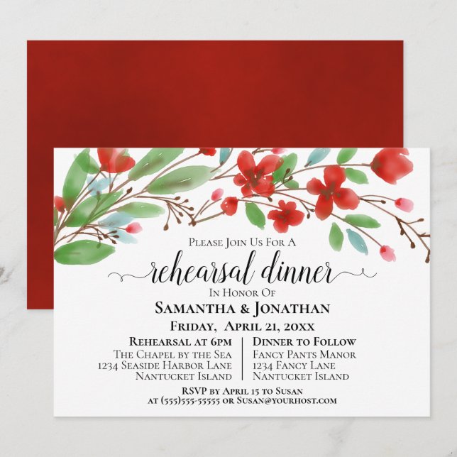 Red Watercolor Blossoms Wedding Rehearsal Dinner Invitation (Front/Back)