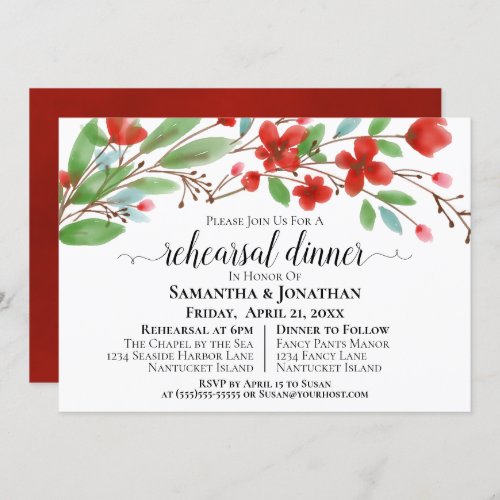 Red Watercolor Blossoms Wedding Rehearsal Dinner Invitation