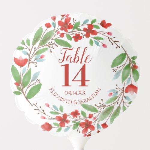 Red Watercolor Blossoms Wedding Table Number Balloon