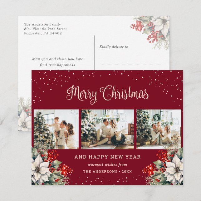 Red Watercolor Botanical Snow Photo Collage Holiday Postcard (Front/Back)