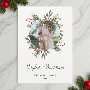 Red Watercolor Bow Holly Berries Photo Christmas Holiday Card