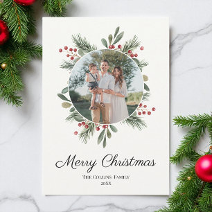 Red Watercolor Bow Rustic Photo Merry Christmas Holiday Card
