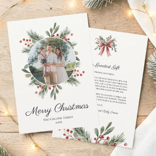 Red Watercolor Bow Rustic Photo Merry Christmas Holiday Card