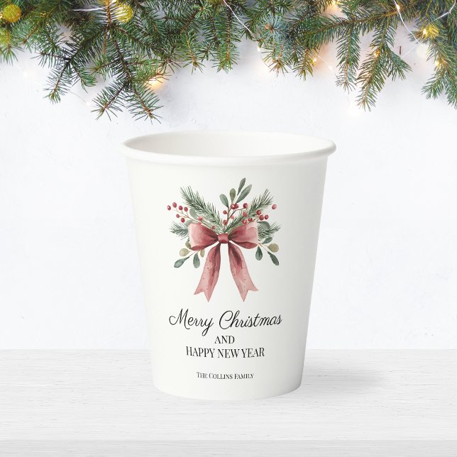 Red Watercolor Bow Simple Elegant Holly Christmas Paper Cups (Red Watercolor Bow Simple Elegant Holly Christmas Paper Cups)