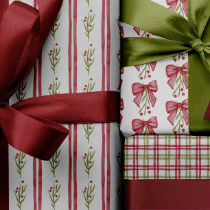 Red Watercolor Bow Sprigs Stripes Christmas Wrapping Paper Sheets