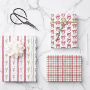 Red Watercolor Bow Sprigs Stripes Christmas Wrapping Paper Sheets