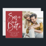 Red Watercolor Brush Calligraphy Photo Save The Date<br><div class="desc">Red Watercolor Brush Calligraphy Photo Save Our Date Card | Announce to family and friends your wedding date with this customizable save the date flat card. It features hand-lettered modern calligraphy on a red background. This stylish photo save the date card is perfect for any wedding season and theme. Other...</div>