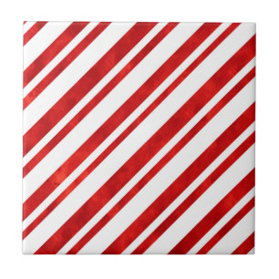 Red Watercolor Candy Cane Stripes Ceramic Tile