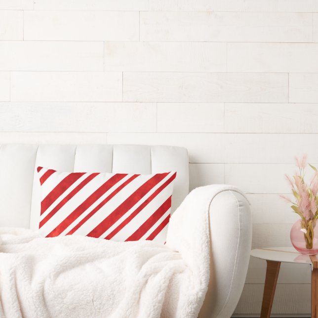 Red Watercolor Candy Cane Stripes Lumbar Pillow (Couch)