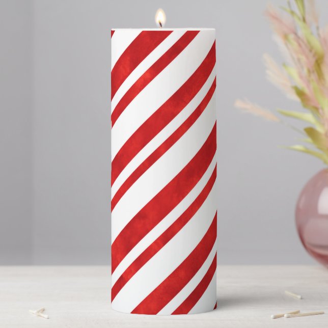 Red Watercolor Candy Cane Stripes Pillar Candle (In Situ)