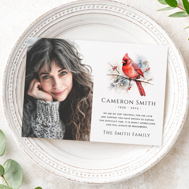 Red watercolor cardinal funeral sympathy photo thank you card (Red watercolor cardinal funeral sympathy photo thank you card)