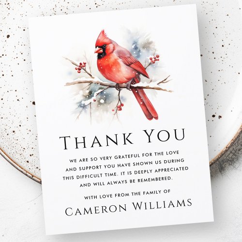 Red watercolor cardinal funeral sympathy thank you card