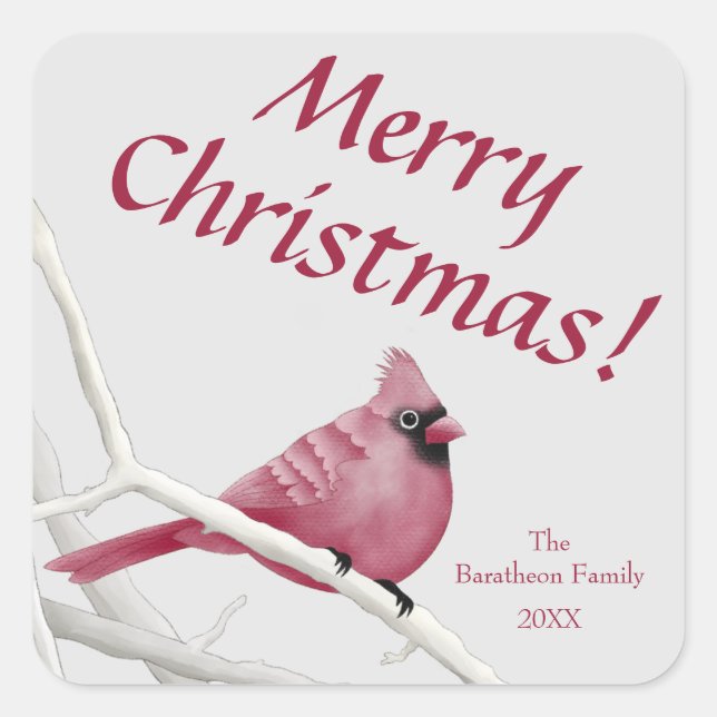 Red Watercolor Cardinal Merry Christmas Square Sticker (Front)