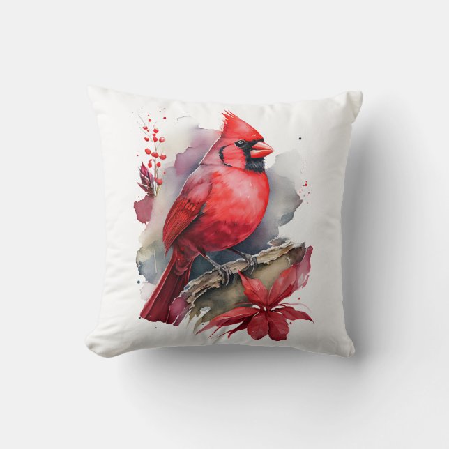 Red Watercolor Cardinal Throw Pillow (Front)