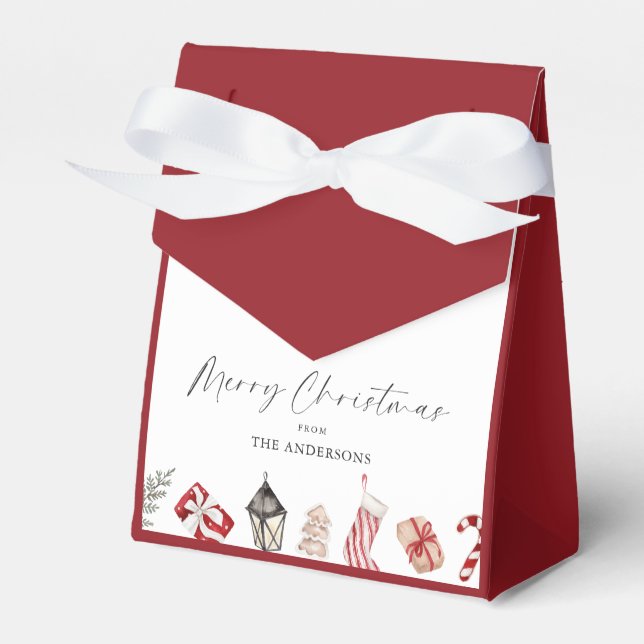 Red Watercolor Christmas Border Favor Boxes (Front Side)