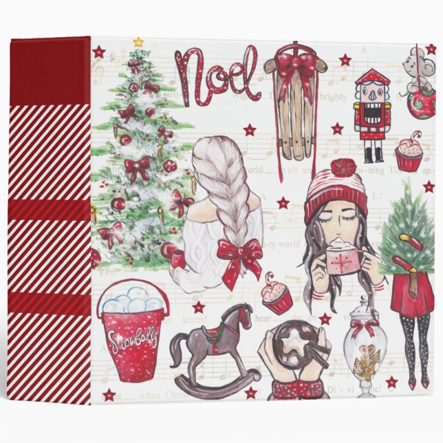 Red Watercolor Christmas elements 3 Ring Binder (Front/Spine)