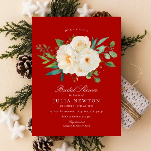 Red Watercolor Christmas Floral Bridal Shower Invitation