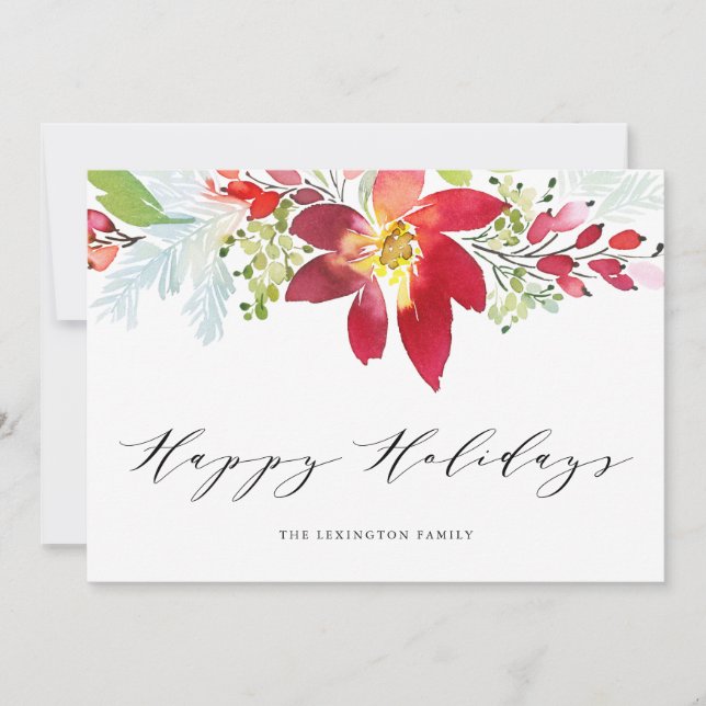 Red Watercolor Christmas Floral Garland Happy Holiday Card (Front)