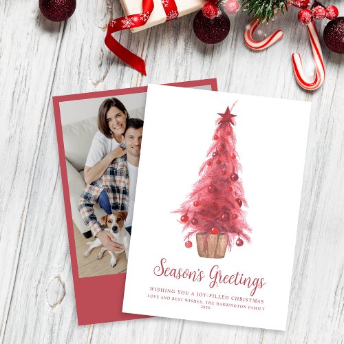 Red Watercolor Christmas Tree Photo Holiday Card