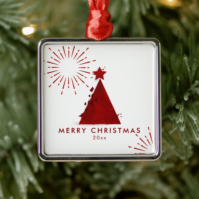 Red Watercolor Christmas Tree Template  Metal Ornament (Tree)