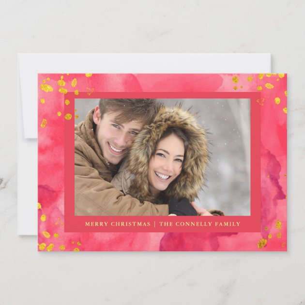 Red Watercolor Christmas With Gold | Photo Holiday Card