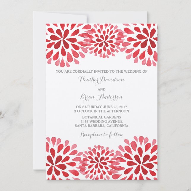 Red Watercolor Chrysanthemums Wedding Invite (Front)
