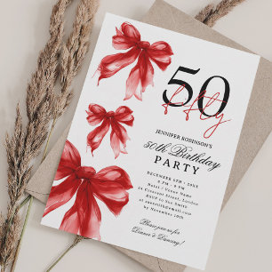 Red Watercolor Coquette Bow 50th Birthday Party Invitation