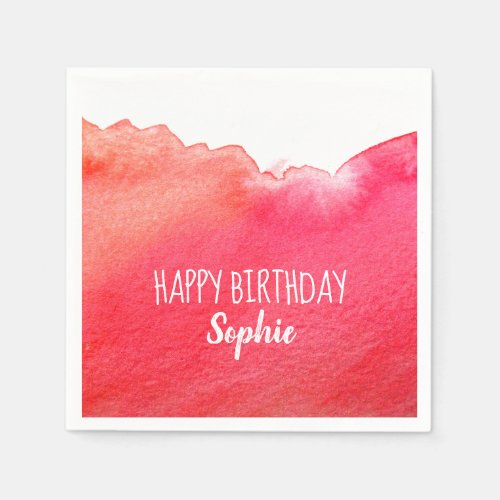 Red watercolor cute Happy Birthday personalised Napkins