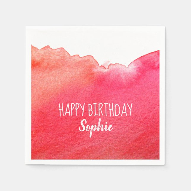 Red watercolor cute Happy Birthday personalised Napkins (Front)