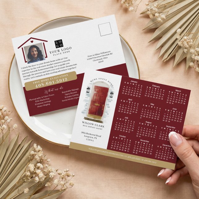 Red Watercolor Door Real Estate Calendar 2026 Postcard (Red Watercolor Door Real Estate Calendar 2026 Postcard)