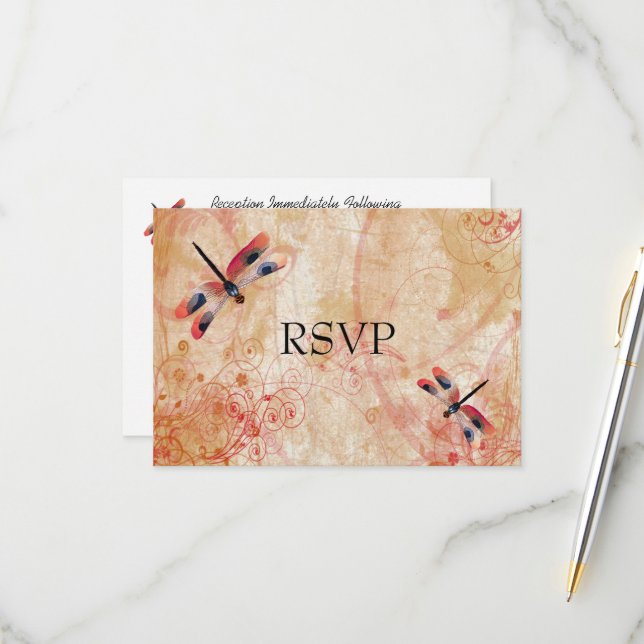 Red Watercolor Dragonflies Wedding Reception RSVP (Front/Back In Situ)