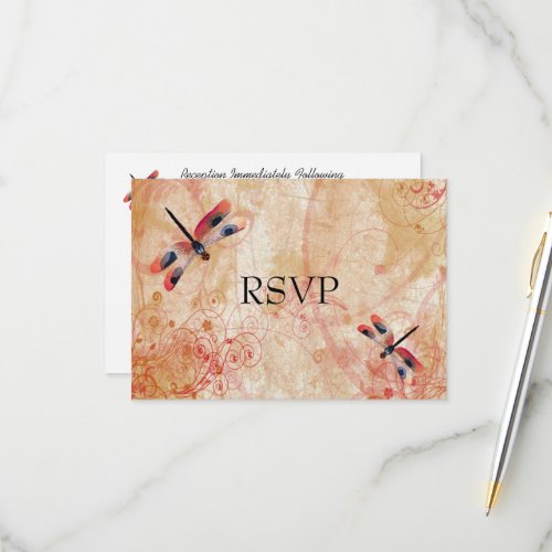 Red Watercolor Dragonflies Wedding Reception RSVP