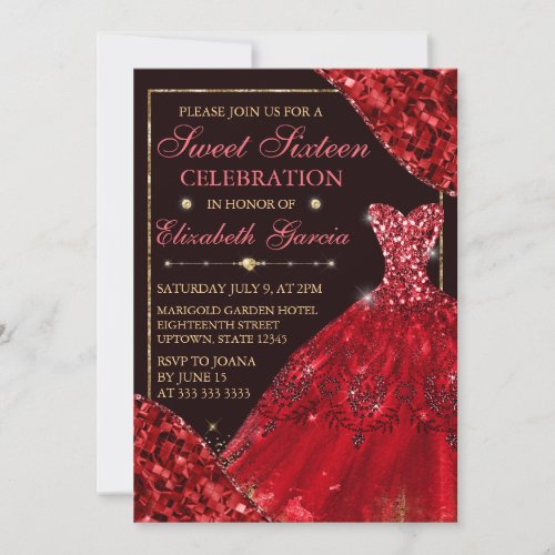 Red Watercolor Dress  Glam Edges Sweet Sixteen Invitation