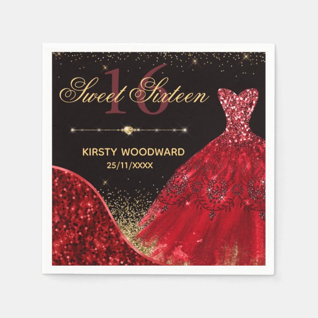 Red Watercolor Dress & red wave Edge Sweet 16 Napkins (Front)