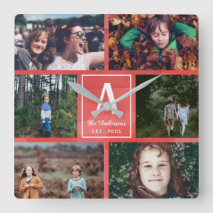 Red Watercolor Family Monogram & Photo Collage Square Wall Clock