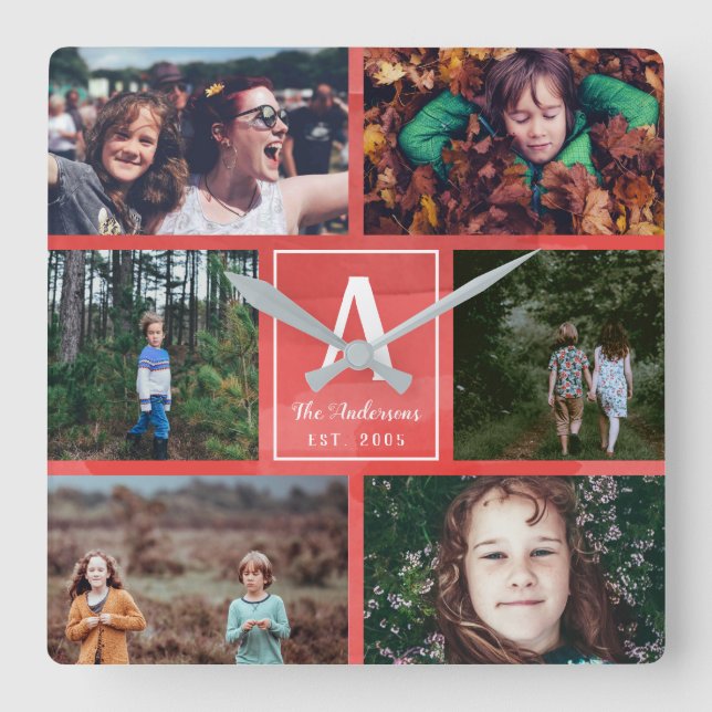 Red Watercolor Family Monogram & Photo Collage Square Wall Clock (Front)