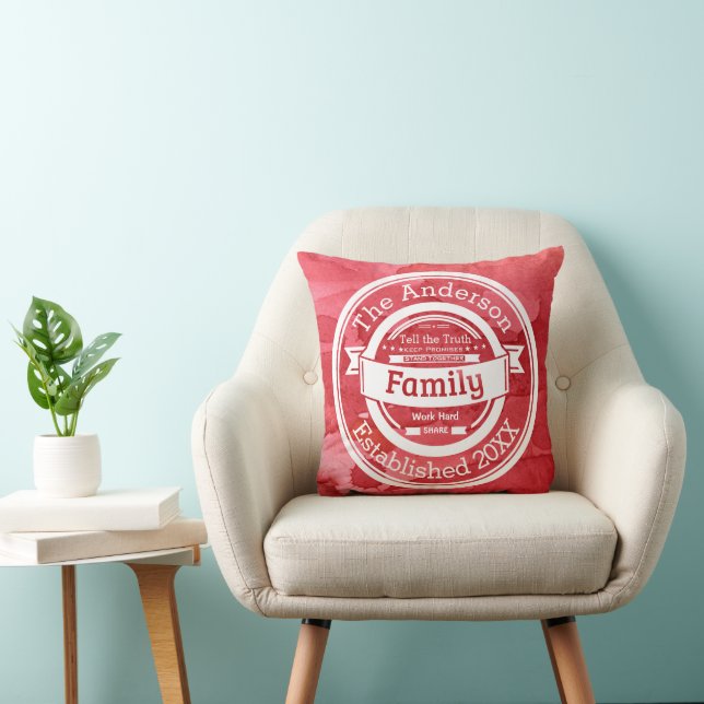 Red Watercolor Family Rules, Name Year Established Throw Pillow (Chair)