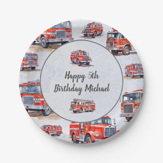 Red Watercolor Firetruck Engine Kid Birthday Party Paper Plates (Front)