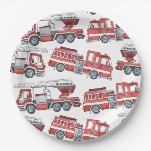Red Watercolor Firetruck Paper Plate